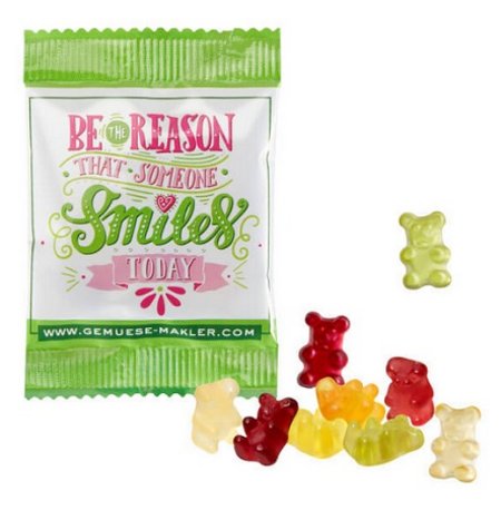 Fruchtgummi Vegane Smart-Bärchen in kompostierbarer Verpackung mit Logo