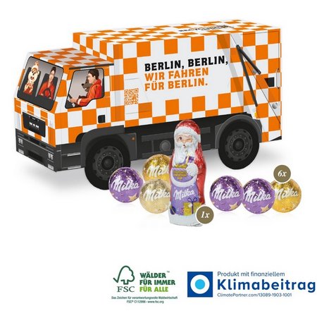 3D Präsent LKW 6 Stück ca. 48g Milka Kugeln und ein Milka Weihnachtsmann ca. 15 mit Logo