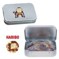 Blechdose mit Scharnier 95x60x21 mm mit ca. 60 gr. Haribo Colafläschchen bedruckt mit Logo