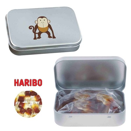 Blechdose mit Scharnier 95x60x21 mm mit ca. 60 gr. Haribo Colafläschchen bedruckt mit Logo