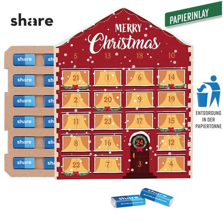 Täfelchen Adventskalender Haus ECO Papierblister share Schokolade mit Logo