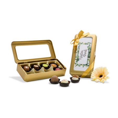 Golddose Vielen Dank mit Pralinen bedruckt mit eigenem Logo