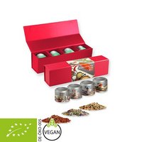 Geschenk-Set Premium rot + 4 x Gewürz in Sichtfensterdosen Mini bedruckt mit Logo