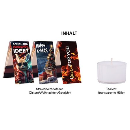 Inhalt Geschenkbox Mini Teelicht und Streichholzbriefchen mit eigenem Logo