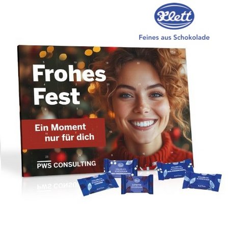 Tisch-Adventskalender mit Klett Fairtrade Schokolade mit Logo