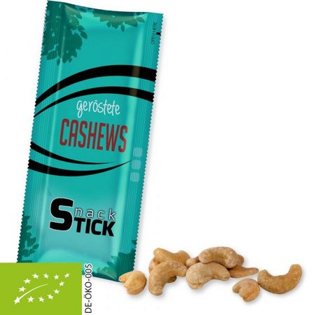 Bio Cashewkerne geröstet gesalzen 30g Snack Stick bedruckt mit Logo