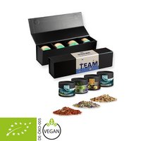 Geschenk-Set Premium schwarz + 4 x Gewürz in Kraftpapierdoesen Mini mit Logo