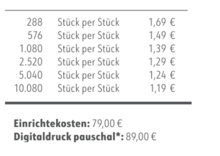 Preisliste Bunte Schokolinsen im Werbe-Wüfel mit Logo 