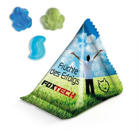 Fruchtgummi Sonderform im Tetraeder mit individueller Werbung oder Logo bedruckt