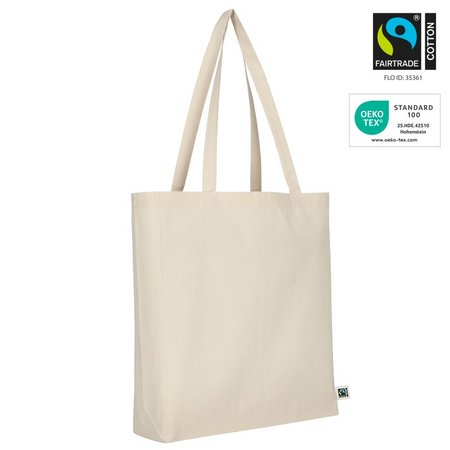 Tasche 38 x 42 cm aus Fairtrade-zertifizierter Baumwolle mit 2 langen Henkeln, Boden- und Seitenfalte mit Logo