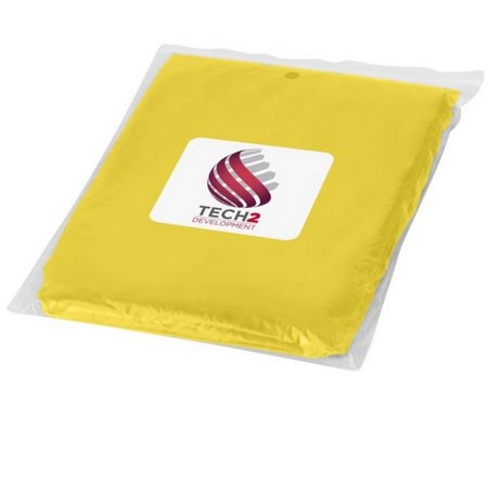 Gelber Regenponcho mit Werbung