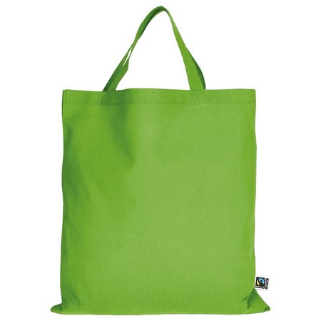 Tasche 38 x 42 cm aus Fairtrade-zertifizierter Baumwolle mit zwei kurzen Henkeln hellgrün mit Logo als Werbegeschenk