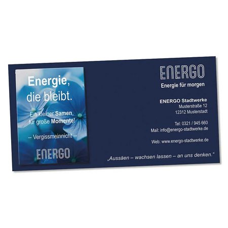 Samentütchen auf Werbekarte mit Werbedruck