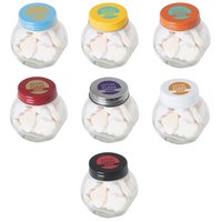 Bonbonglas mini, gefüllt mit ca. 30 gr. Herzbonbons bedruckt mit Logo