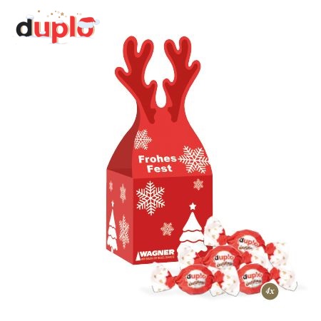 3D Präsent Rentier mit süßer Füllung duplo Knusperlen mit Logo