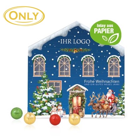 Adventskalender Weihnachtshaus exklusiv  Fairtrade Schokolade mit Logo