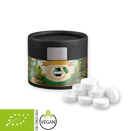 Bio Pfefferminz Drops 40g Kraftpapierdose Midi schwarz mit Logo