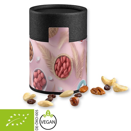 Bio Studentenfutter 80g Kraftpapierdose Midi schwarz mit Logo 