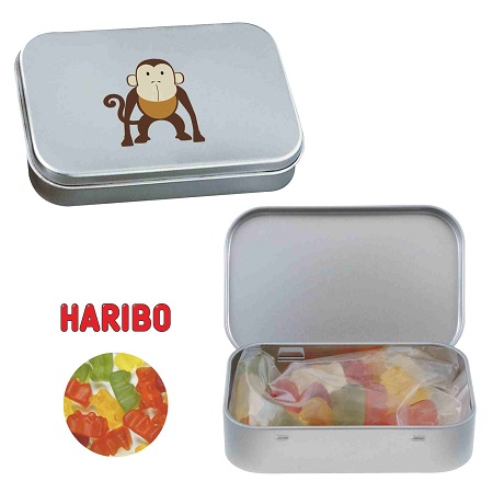 Blechdose mit Scharnier mit Harbio Goldbärchen bedruckt mit Logo