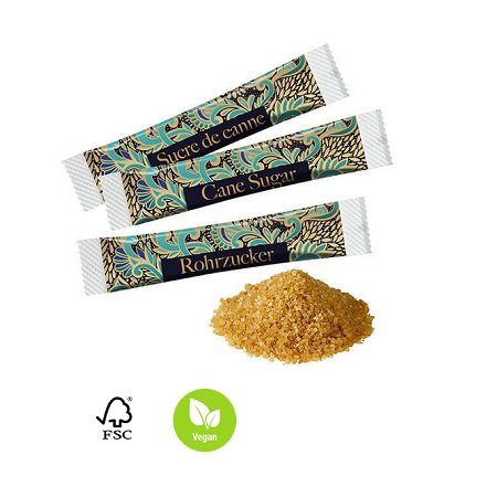 Brauner Zucker im Papierstäbchen mit Logo