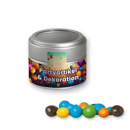 Bunte Schoko Erdnüsse 70g in Metall Dose Mini silber mit Logo
