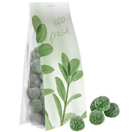 Eukalyptus Menthol Fruchtgummi mit Gelatine 40g Express Blockbodenbeutel mit Logo 