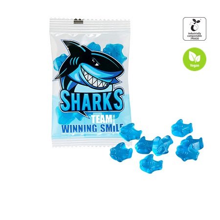 Fruchtgummi Individuell vegan in kompostierbares Werbetütchen 15g mit Logo