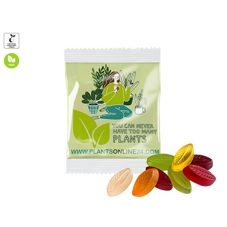 Fruchtgummi Individuell vegan in kompostierbares Werbetütchen 20g mit Logo