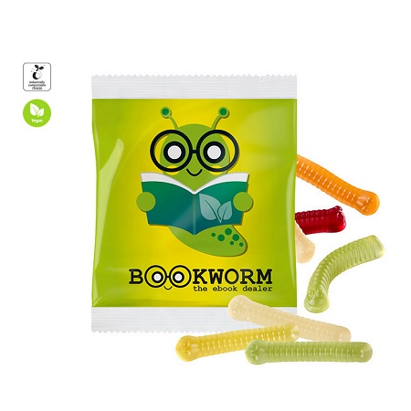 Fruchtgummi Individuell vegan in kompostierbares Werbetütchen 30g mit Logo