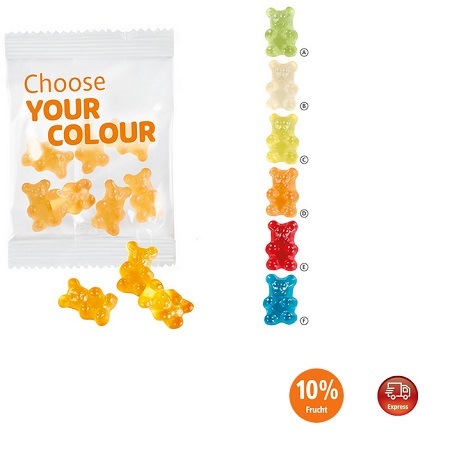 Fruchtgummi Premium Bärchen sortenrein in Kompostierbares Werbetütchen mit Logo