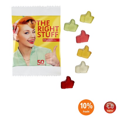 Fruchtgummi Premium Bärchen sortenrein in kompostierbares Werbetütchen 15g mit Logo
