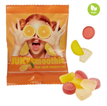 Fruchtgummi Vegane Exotic-Früchtchen in Werbetütchen 20g mit Logo