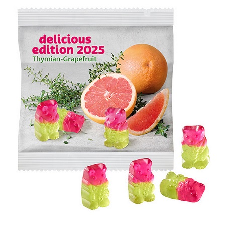 Fruchtgummi Vegane Thymian-Grapefruit Bärchen in kompostierbarer Folie 20g mit Logo