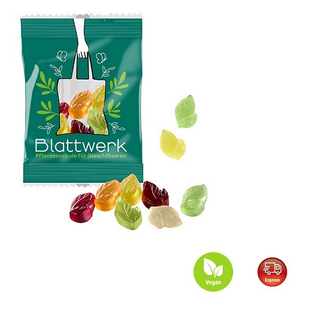 Fruchtgummi vegan Standardformen in Werbetütchen 20g mit Logo