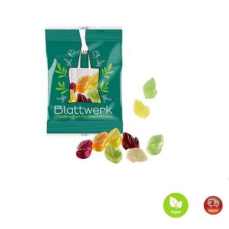Fruchtgummi vegan Standardformen in kompostierbarer Werbetüte 10g mit Logo