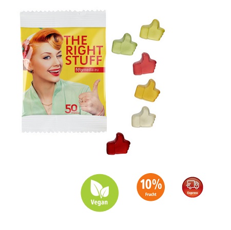 Fruchtgummi vegan Standardformen in kompostierbarer Werbetüte 15g mit Logo