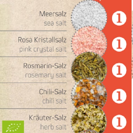 Geschenk-Set Premium rot + 4 x Gewürz in Kraftpapierdoesen Mini Preiskategorie 1 bedruckt mit Logo