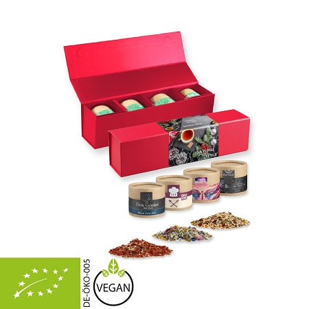 Geschenk-Set Premium rot + 4 x Gewürz in Kraftpapierdoesen Mini mit Logo