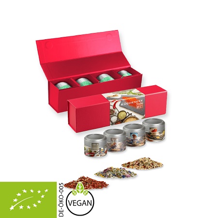 Geschenk-Set Premium rot + 4 x Gewürz in Sichtfensterdosen Mini bedruckt mit Logo