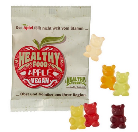 Gummibärchen Vegane XXL-Bärchen in kompostierbarer Folie 20g mit Logo