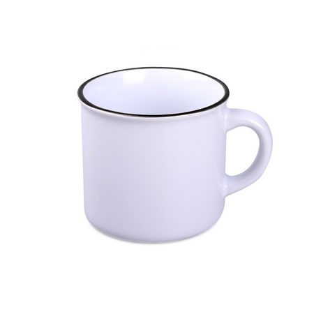 Keramikbecher Loft Art weiß/schwarz mit eigener Werbung