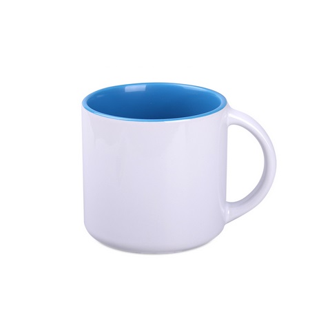 Keramikbecher Modern Art weiß/hellblau mit Kunst und eigenem Logo bedruckt