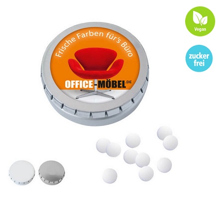 MINI-Drück-mich-Dose Zuckerfreie Pfefferminzpastillen mit Logo