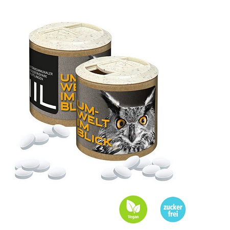 Papier-Werbedose Cool Ice zuckerfreie Pfefferminzpastillen mit Logo