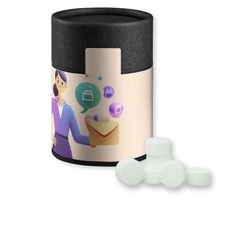 Pfefferminz Drops zuckerfei 80g Biologisch abbaubare Eco Pappdose Midi mit Logo