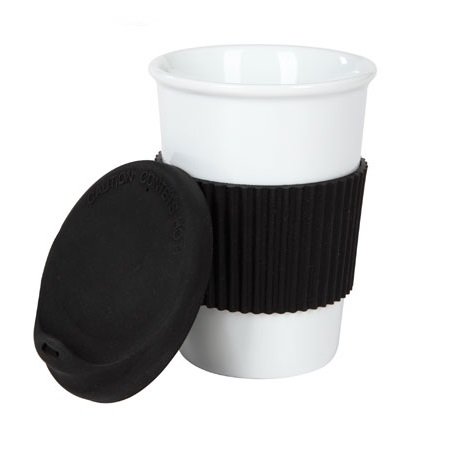 Porzellanbecher Play&Go weiß-schwarz mit individueller Werbung