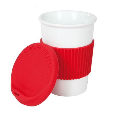 Porzellanbecher Play&Go weiß-rot mit individueller Werbung
