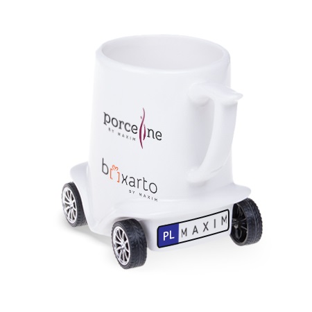 Porzellanbecher auf Rädern Speedy, Kaffee und Werbung auf Rädern