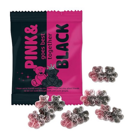 Salzige Lakritz-Himbeer-Freundschaftsbärchen im Werbetütchen mit Logo