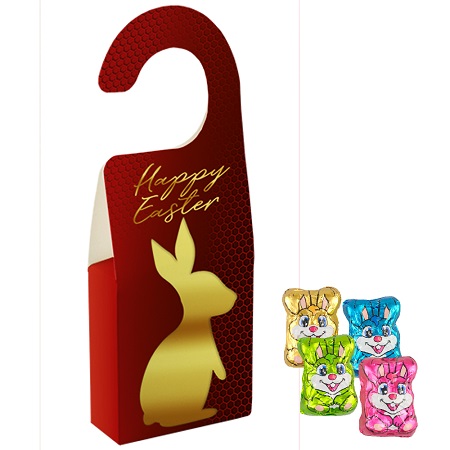 Schoko-Figur Hase 36g (6 Stück) bedruckt mit Logo am Türaufhänger